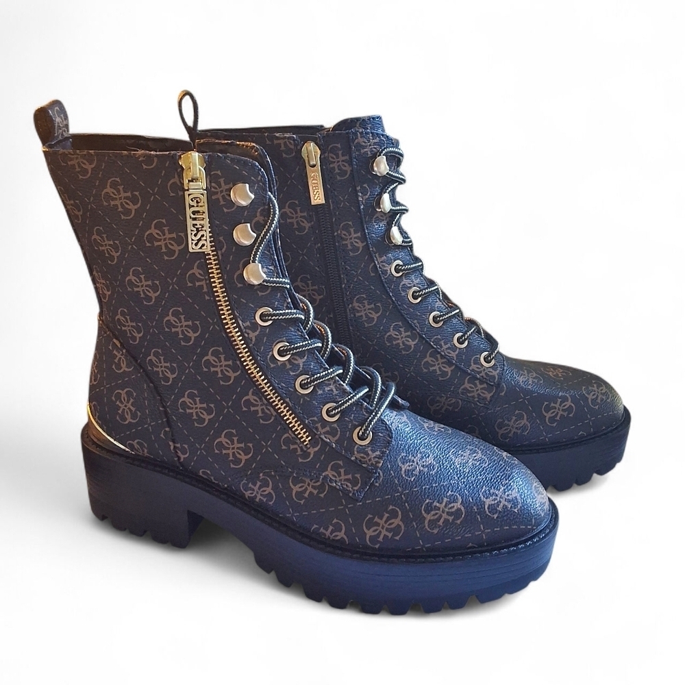 GUESS Fearne Logo Combat Boots Brown Monogram Chunky Lug Sole Size 9